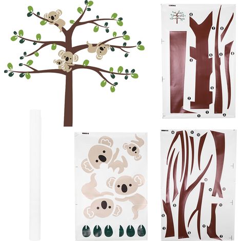 Adhésif mural amovible koala mignon et arbre, papier peint décoratif salon design moderne autocollant mural (1/5)