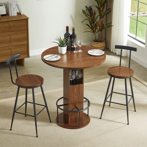 Conjunto mesa y sillas, mesa redonda bar 80x80x90 cm tablero de madera, 2 sillas de madera nogal, con patas de metal negro (1/5)