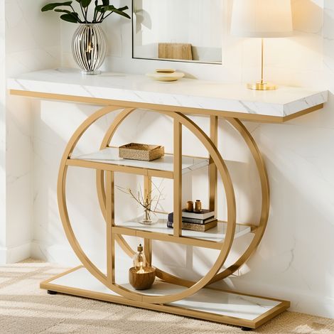 Goldener Konsolentisch, 105 × 30 × 80 cm, modern, mit Ablagefläche, für Eingangsbereich, Flur, Wohnzimmer (Weiß/Gold)
