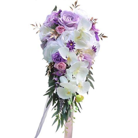 Kaskadenförmiger Brautstrauß, tropfenförmig, Braut hält Sträuße mit Blumen (1/5)