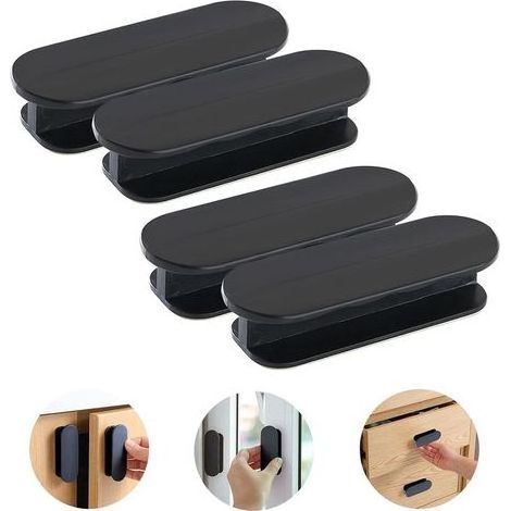 Lot de 4 Poignées Adhésives Noires en Plastique pour Meubles, Armoires et Portes Fenêtres en Verre (1/3)
