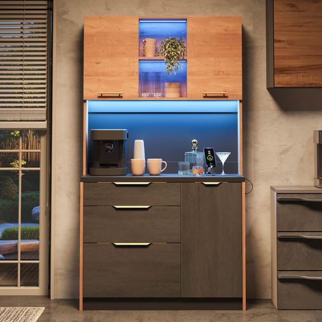 Armoire haute de cuisine design béton 100×40×180 cm, plan de travail noir, éclairage LED réglable, prise UE, pour cuisine salon appartement (1/5)