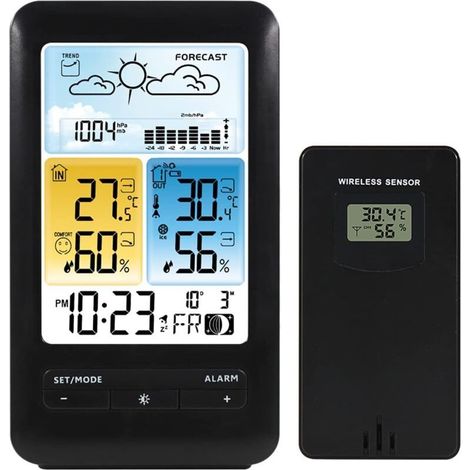 Station météo, réveil numérique sans fil avec écran LCD couleur, thermomètre de température intérieure et extérieure, affichage couleur et port de chargement USB, prévisions météorologiques pour la (1/4)