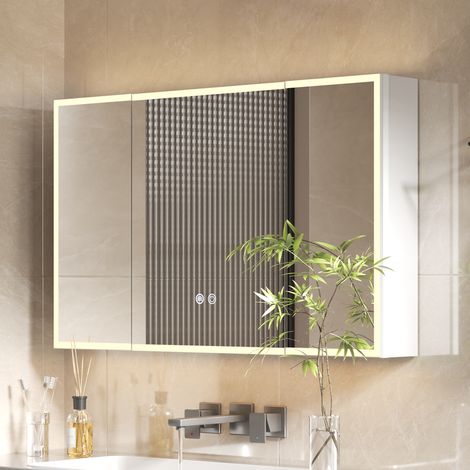 AquaWise Armoire de Toilette LED 95x60cm Livrée MONTÉE avec Prise & USB, Anti-buée & 3 Couleurs Miroir 3 Portes Grand Format Luxe armoire à miroir intelligente à 3 Portes