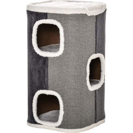 Tiragraffi a torre per gatti a 3 livelli con sisal e poliestere grigio e bianco 40x40x74 cm HOMVRA (1/5)