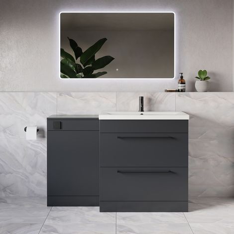 Napoli 390 Gloss Grey 1300mm 2 Drawer Vanity Unit Toilet Suite with Glide Basin - 1300mm - Matt Black 480mm HandleWithout Kingston Toilet Pan