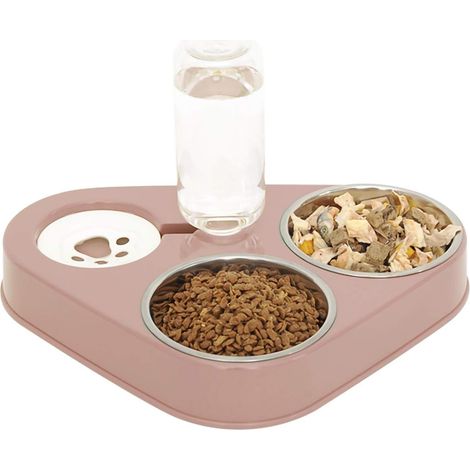 Gamelle Chat Surélevée - Double Bol Acier Inoxydable 3-en-1 - Station Alimentation Eau Automatique 500 ml - Hauteur 5 cm - Pour Chats et Chiots - Rose