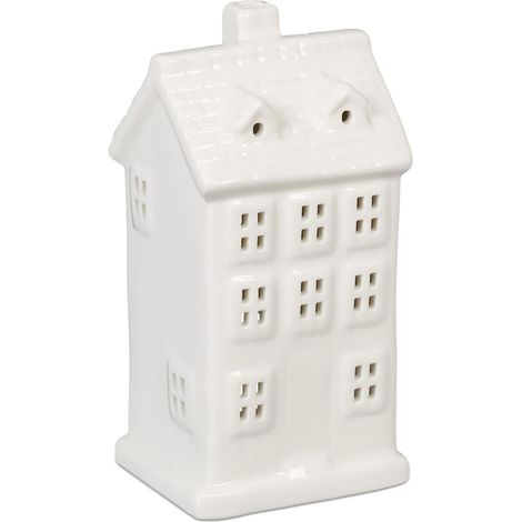 Photophore en Forme de Maison, pour 1 Bougie Chauffe-Plat, H x L x P : 14,5 x 7 x 6 cm, Blanc (1/5)