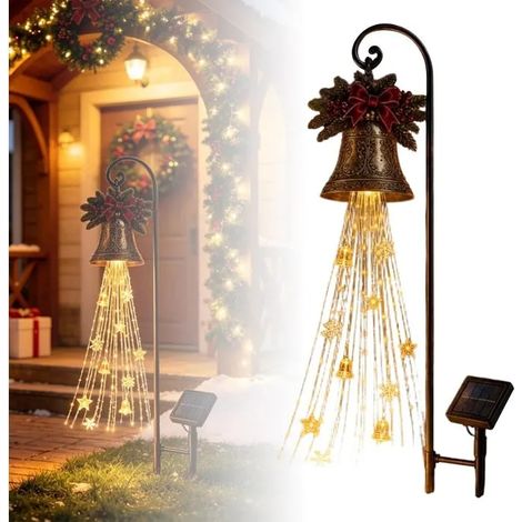 Lampe solaire de Noël cloche décorative avec guirlande étoiles - À piquer au sol - Lumière blanc chaud - Pour jardin et extérieur (1/5)