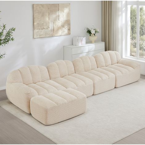 Divano modulare 4 posti con ottomana, forma a conchiglia, schiuma 32D, beige morbido, OKWISH (1/5)