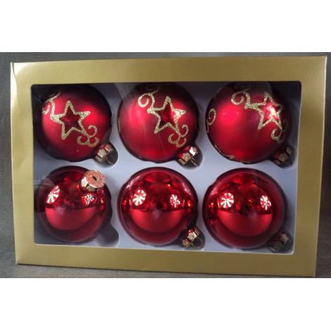 Set mit 6 gläsernen Weihnachtskugeln, 80 mm Durchmesser (3 mit Dekoration), in goldener Verpackung, rote Farbe