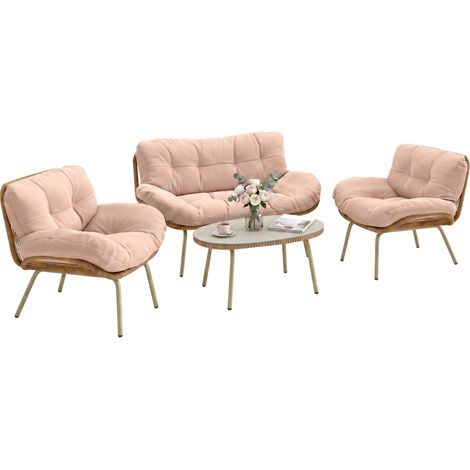 Salon de jardin lounge 4 pièces en polyrotin avec canapé 2 places, 2 fauteuils, table, assise profonde et coussins épais (1/5)