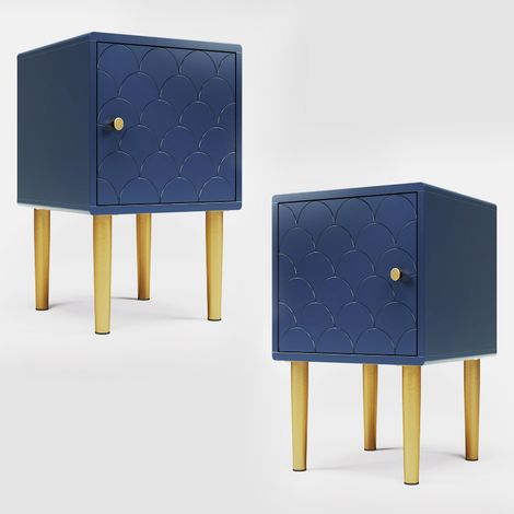Nachttisch 2er Set mit Schublade und Fischschuppenmuster, Nachtschrank Beistelltisch aus Holz mit Metallbeinen, Marineblau, H50xB35xT35 cm (1/5)