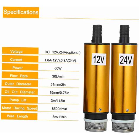 Pompe immergée DC 24V pour transfert gasoil fioul eau 51 mm avec crépine filtrante ravitaillement (1/5)