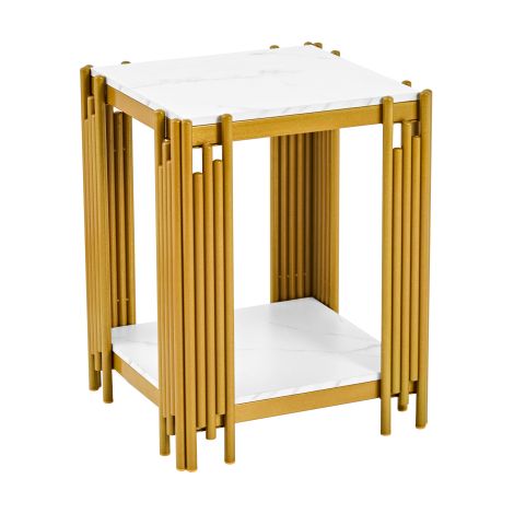 Table de chevet moderne 2 niveaux aspect marbre, structure métallique dorée brillante en MDF blanc et or H55 x L43 x P40 cm, pour salon, chambre et entrée (1/5)