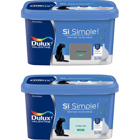 Dulux Valentine Peinture Si Simple Lot de 2 Peinture Intérieure Toutes Pièces Satin - Peinture Murs et Plafonds, Portes et Plinthes - Couleurs : L'Anthracite & Le Bleu Clair 2,5 L (1/5)