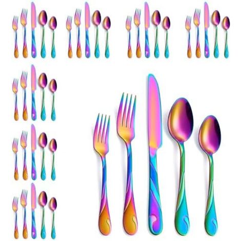 Set de couverts arc-en-ciel pour 8 personnes, set de couverts en acier inoxydable 40 pièces, lave-vaisselle (1/5)