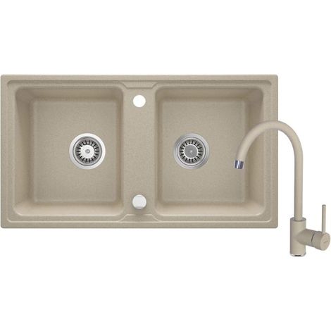 Fregadero de cocina de granito de dos cubetas Deante ZQZA7203 con grifo (1/4)