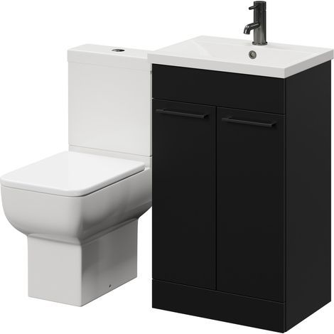 Alessio Matt Black 500mm Vanity Unit and Toilet Suite including Open Back Toilet and Floor Standing Vanity Unit with 2 Doors and Gunmetal Grey Handles (1/5)