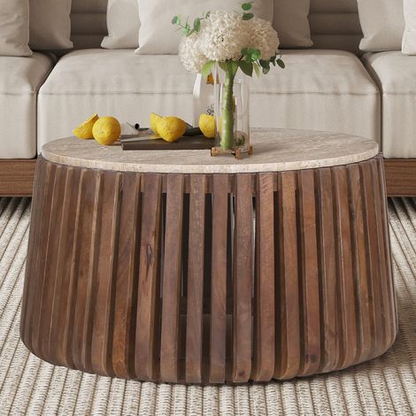 Table basse ronde en bois et plateau en travertin LOIC (1/5)