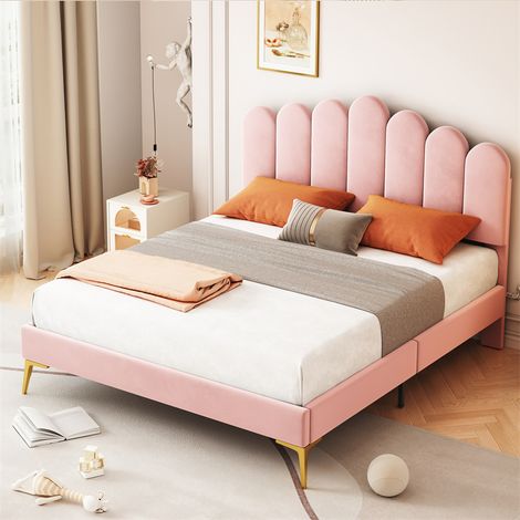 Fortuna Lai – Lit double capitonné 140x200cm – cadre en MDF avec sommier à lattes – tête de lit velours rose – capacité 250 kg – montage facile (1/5)