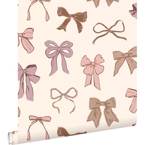 papier peint petits noeuds ruban marron, rose et violet  - ESTAhome (1/5)
