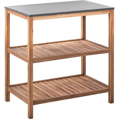 Isla de cocina exterior para jardín de madera de acacia 2 estantes 80 x 50 x 83 cm encimera de acero marrón Brucoli