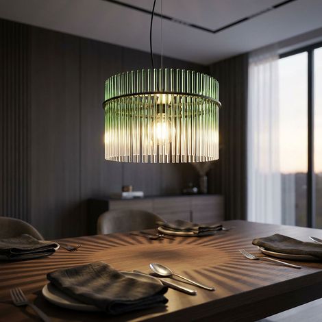 Lampada a sospensione in vetro verde chiaro lampada da tavolo lampada a sospensione LED lampada da soggiorno, metallo nero, 1x 7W 1x 806lm bianco caldo, DxH 40x150 cm