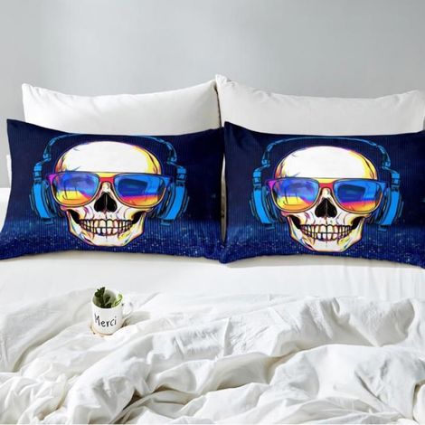 1 Parure de lit, 220x240 cm, motif tête de mort et casque audio, thème punk rock, pour chambre garçon (1/4)
