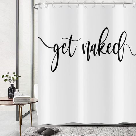 Rideau de Douche Blanc 180x200, Noir Art Font Words Get Naked Rideaux de Douche Funny Quotes Beau et Cool Rideau de Baignoire Imperméable Polyester Tissu Lavable Rideau de Bain avec Crochets (1/5)