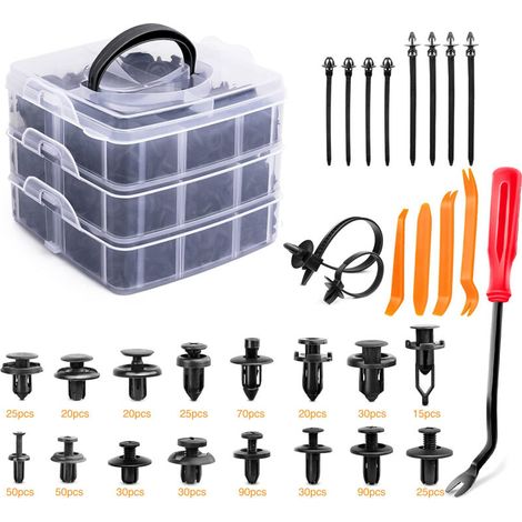 Assortiment de 635 clips de fixation et attaches automobiles : 16 tailles courantes de rivets en nylon pour pare-chocs et ailes, 10 attaches de câble et un outil de retrait pour Toyota, GM, Ford, Hond (1/5)