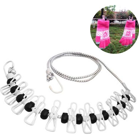 Corde à Linge Rétractable - 185 cm Extensible Jusqu'à 360 cm - Pour Voyage Camping Intérieur Extérieur - 12 Pinces + 13 Perles Anti-dérapage - 1 Pièce (1/5)