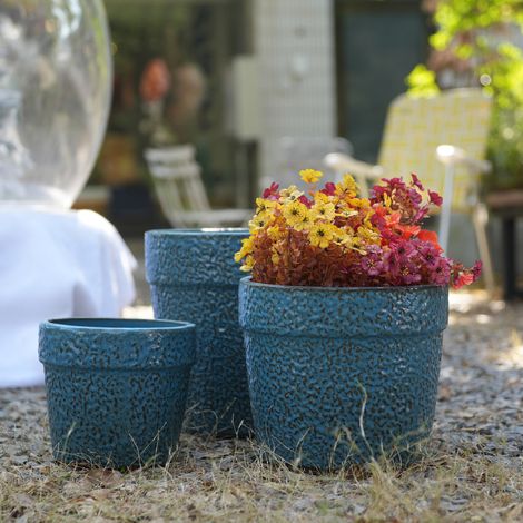 Set di 3 vasi da fiori in ceramica con drenaggio Ø 38,1/30,5/22,9 cm blu DESVIAE (1/5)