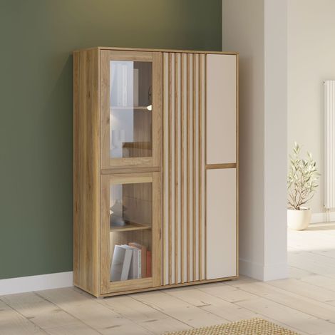 Meuble de Rangement Bibliotheque - ELISTON - FORTE - Blanc Mat & Chene Naturel - 5 Portes dont 2 Vitrées - 109,6 × 41,5 × 161,8 cm (1/5)