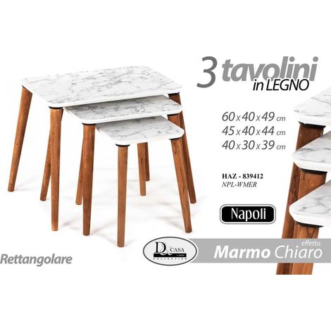 Set de 3 tables nidificables Napoli, dimensions 60x40x49 cm, 45x40x44 cm, 40x30x39 cm, design moderne en MDF effet marbre clair et pieds en bois naturel.