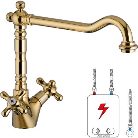 PaulGurkes Niederdruck Retro Küchenarmatur Wasserhahn Spültischarmatur Antik Gold Hochglanz (1/5)