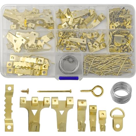 220 Pièces Crochet pour Cadre Photo Kit avec Boîte,Crochets d'Image Mural Kit avec Vis,Clous,Anneau en D et œil pour Fixation Photos Miroir Decoration,Or (1/5)