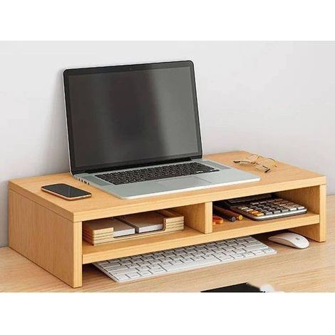 Support d'écran en bois, rangement de bureau, rehausseur pour écran d'ordinateur, organiseur de bureau, étagère multifonctionnelle pour écran avec compartiment de rangement, double couche, couleur boi (1/5)