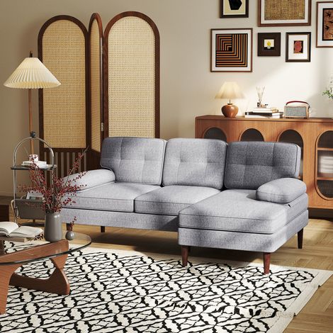 Sofá Esquinero de 3 Plazas Tapizado en Chenilla en Forma de L con Patas de Madera y Reposabrazos 215x142x88 cm Gris (1/5)