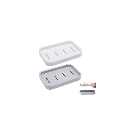 2 Pièces Porte-Savon avec Drain, Support de Savon avec Bac, Porte Savon Douche Plastique Double Couche, Boite à Savon Portable pour Salle de Bain Cuisine Éviers, Nettoyage Facile, Sec (Gris + Blanc)