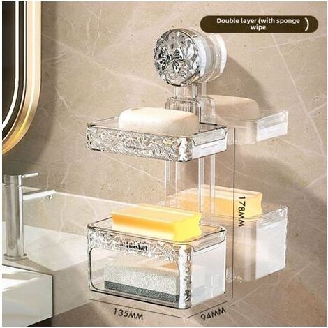 Porte-savon à double ventouse avec éponge et nœud argenté, fixation murale, non perforé, étagère de rangement haut de gamme pour évier de salle de bain. (1/5)