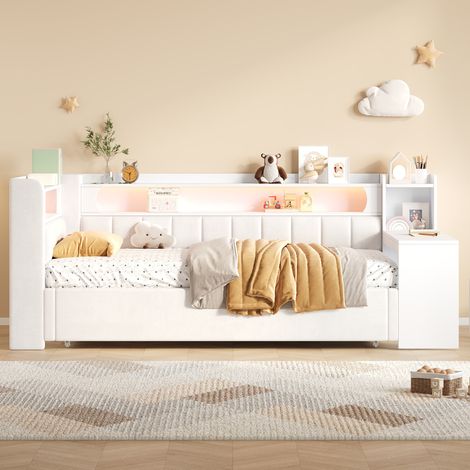 Ausziehbares Polster-Tagesbett 90 x 200 bis 180 x 200 cm mit Schreibtisch, USB und LED, Weiß OKWISH (1/5)