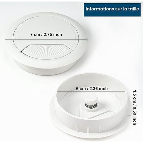 Passe Cable Bureau, 60mm Cache Cable Bureau, Blanc Plastique Tables, Cache-câble Câble Rond, Passe Cables , Organiseur Fil Maison Bureau (1/4)