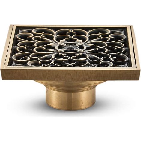 Brass Bathroom Floor Drain - Unique Antique Square Shower Drain with Carved Flower for Garden Toilet 10 10cm (1/5)