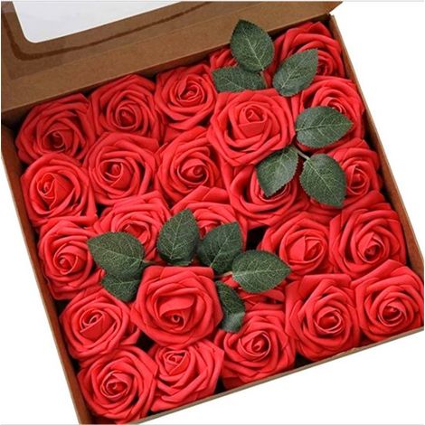 Roses artificielles, 25 fleurs décoratives, roses artificielles avec tiges pour la Saint-Valentin, la fête des mères, les mariages, les fêtes prénatales, comme décoration, environ 20 cm (1/5)