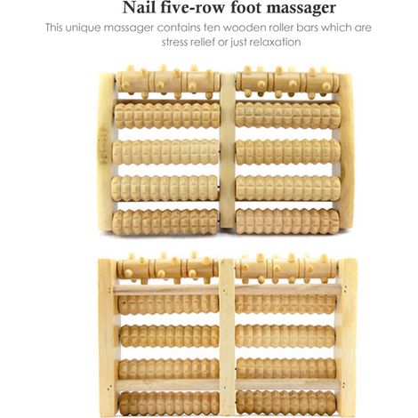 Rouleau de massage en bois à 5 rangées pour les pieds : soin, réflexologie, relaxation, soulagement, cadeau spa, masseur anti-cellulite (1/4)