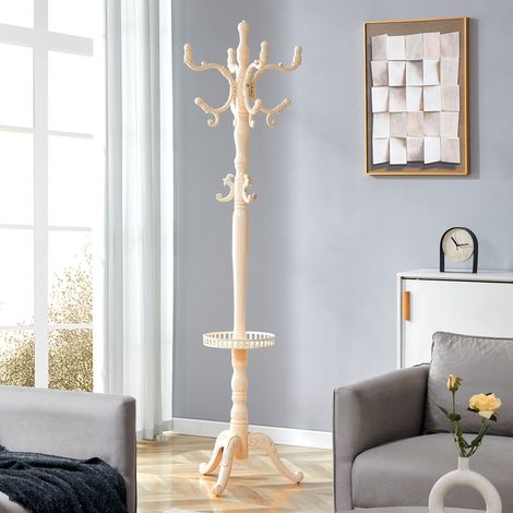 Portant à vêtements en bois massif blanc crème – stable, facile à monter, avec plusieurs crochets & pieds antidérapants pour chambre, entrée, salle de bain (1/4)