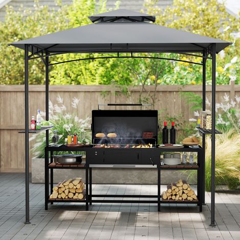 2 Étagères et 6 Crochets Tonnelle Barbecue 2,4x1,5m pour Espace Grillade Abri Métallique Double Toit Gris (1/5)