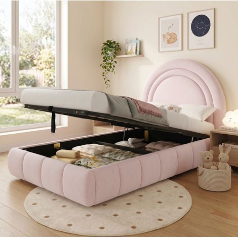 REDOM - Letto per bambini 90x200 cm con vano contenitore idraulico, velluto rosa (Senza materasso) (1/5)
