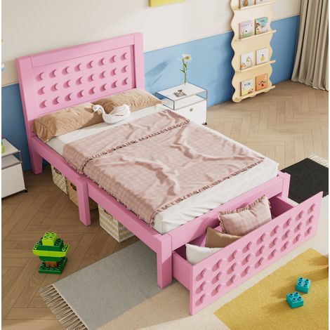 Kinderbett Holz Rosa 90x200 cm mit Lattenrost, Schublade und Stauraum unter dem Bett (1/5)